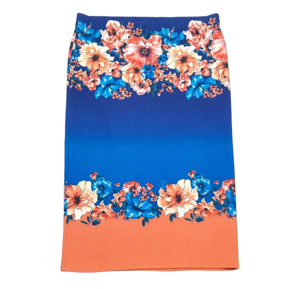 Material Girl Floral Midi Skirt Womens XL Blue Orange Tropical Bodycon Stretch